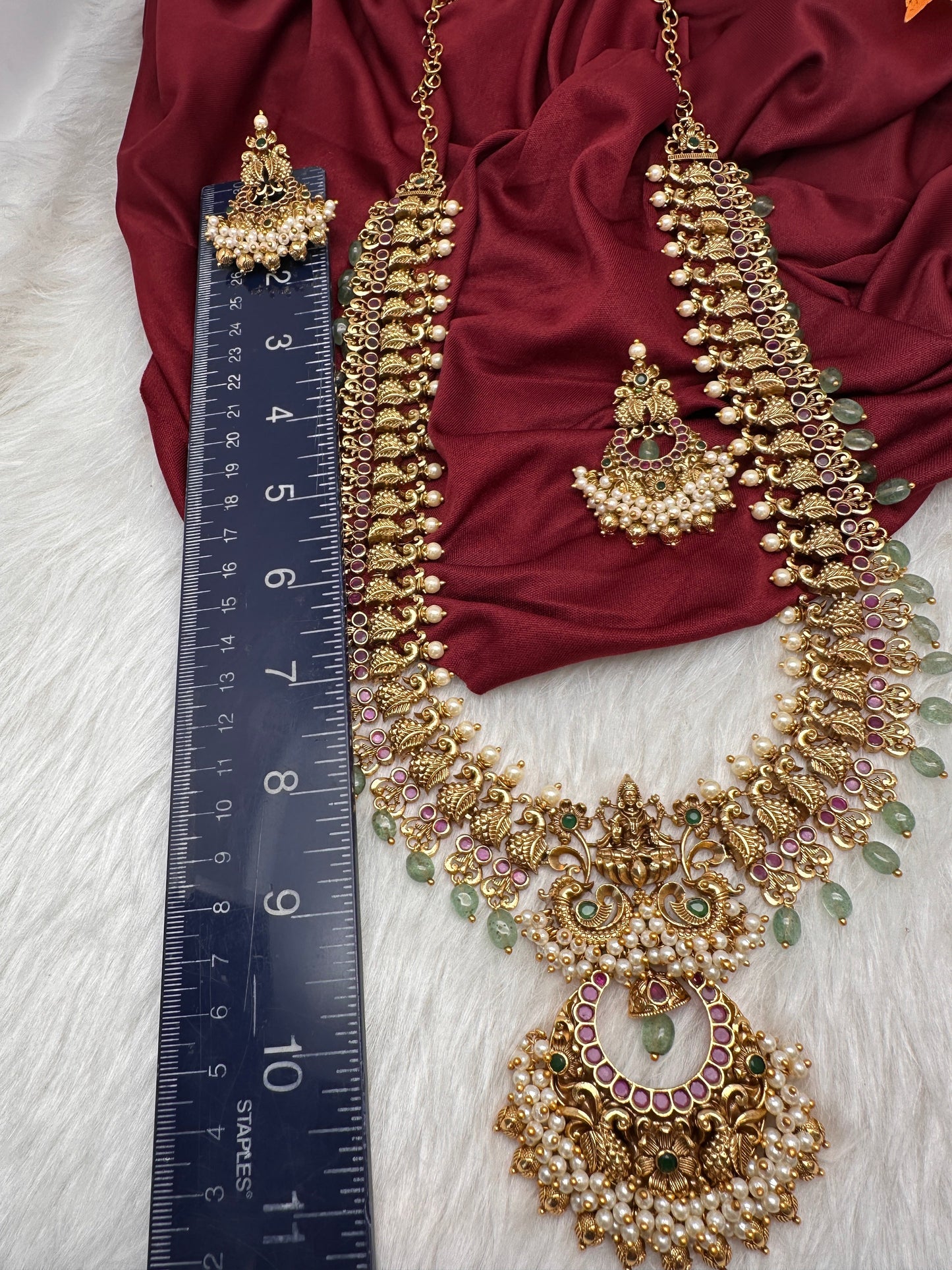 Chandbali Cluster Pearls Peacock Goddess Lakshmi Kemp Long Necklace