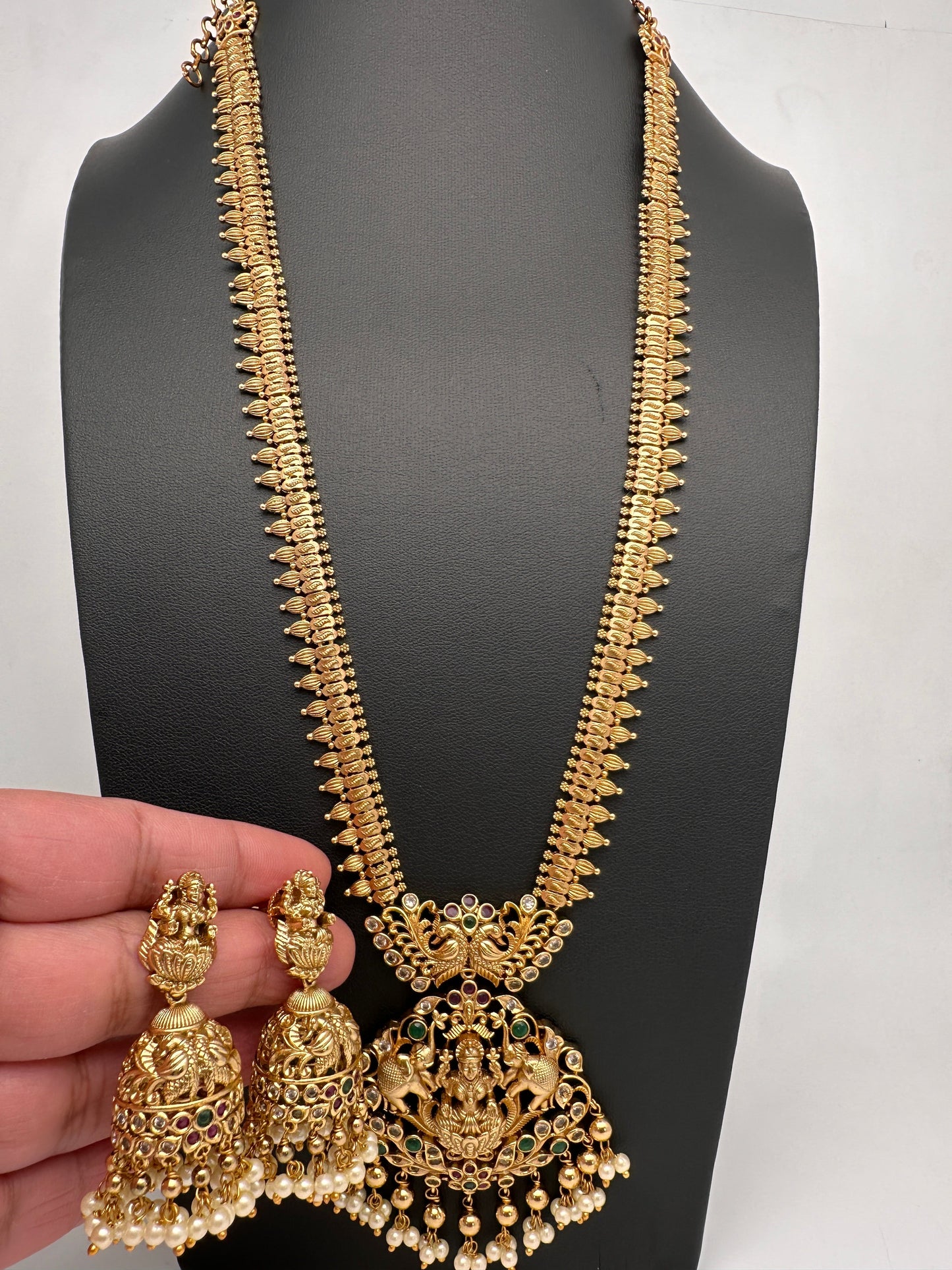 Goddess Lakshmi Matte Long Necklace With Jhumkas