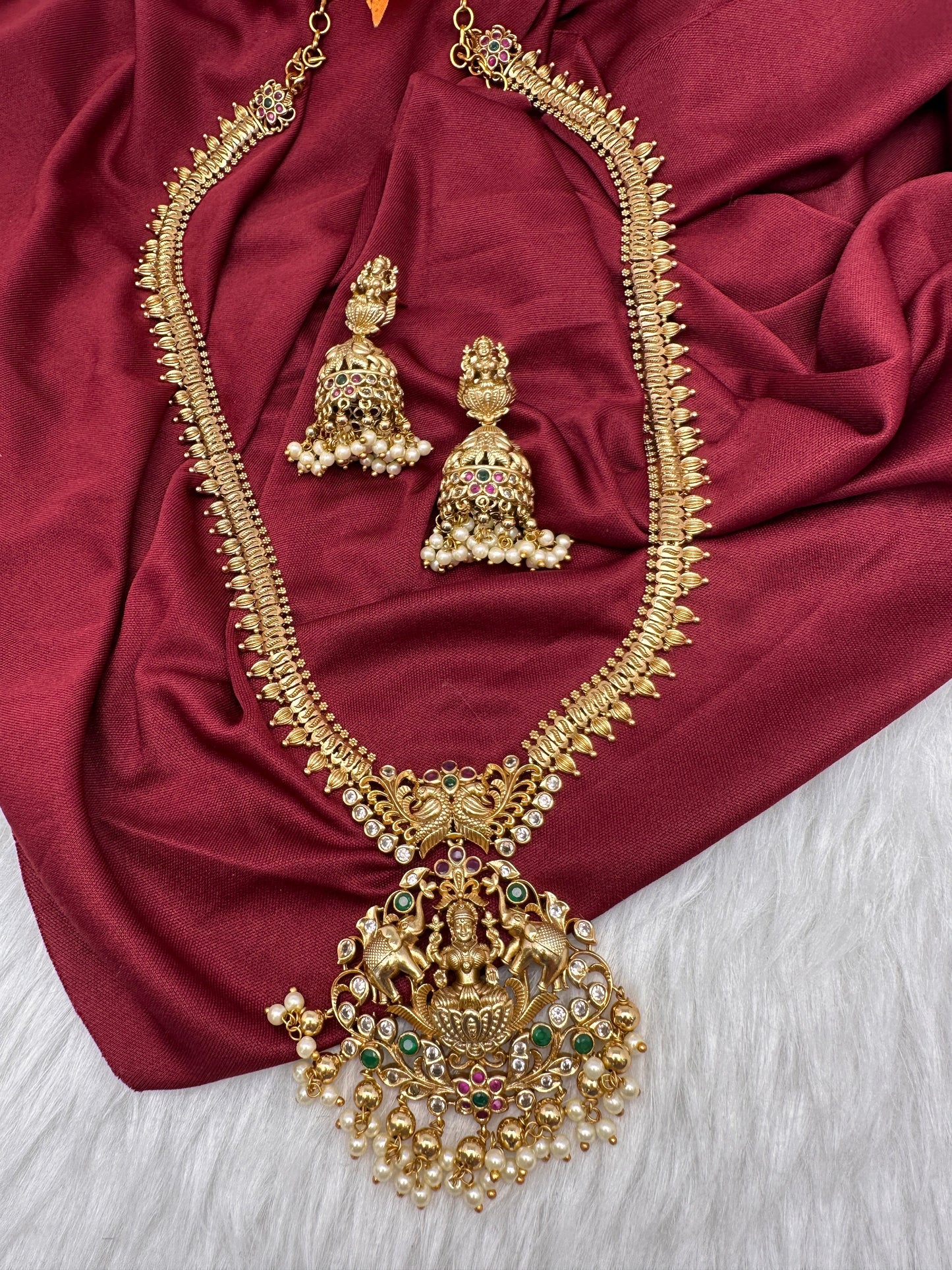 Goddess Lakshmi Matte Long Necklace With Jhumkas