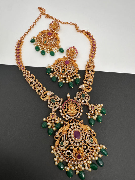 Goddess Lakshmi Peacock Multi Stone Red Kemp Green beads Necklace