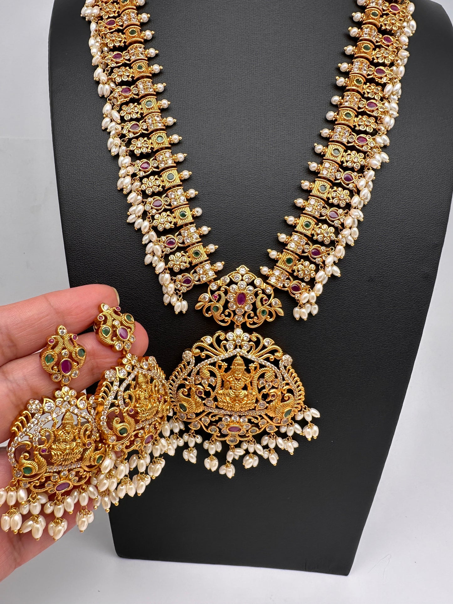 Goddess Lakshmi CZ Red Green Stone Rice Pearls Guttapusalu Necklace