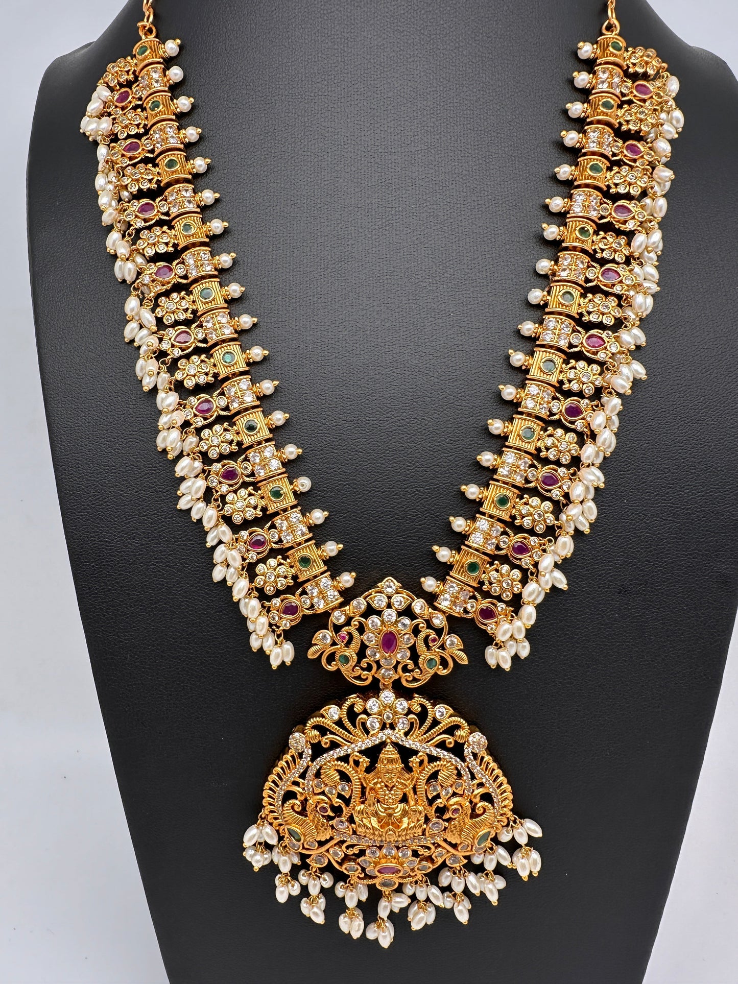 Goddess Lakshmi CZ Red Green Stone Rice Pearls Guttapusalu Necklace