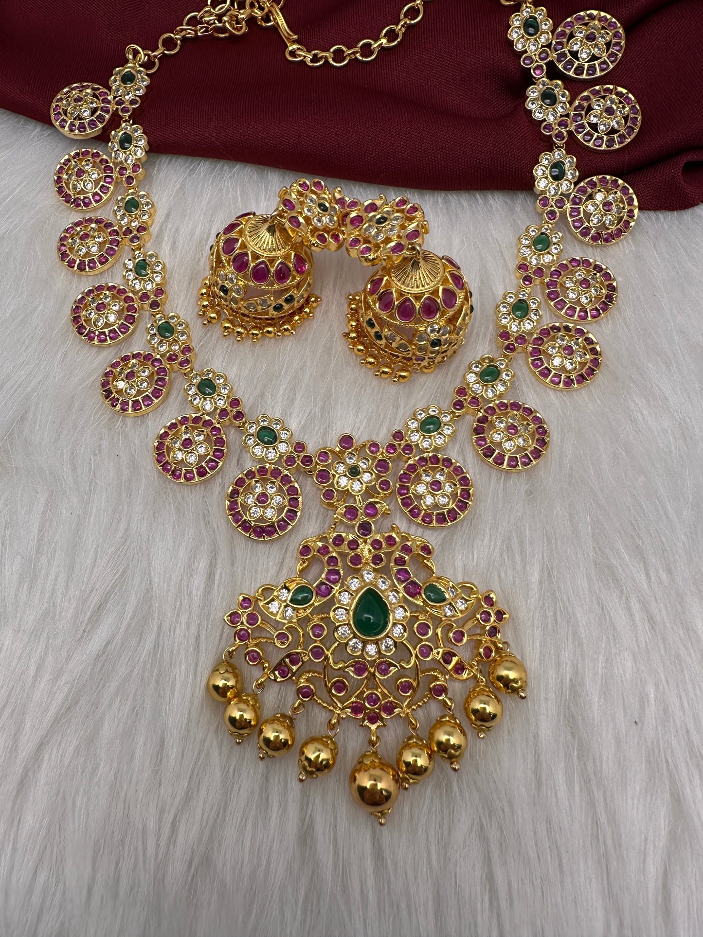 Peacock Red Green Kemp Bottu Ethnic Necklace