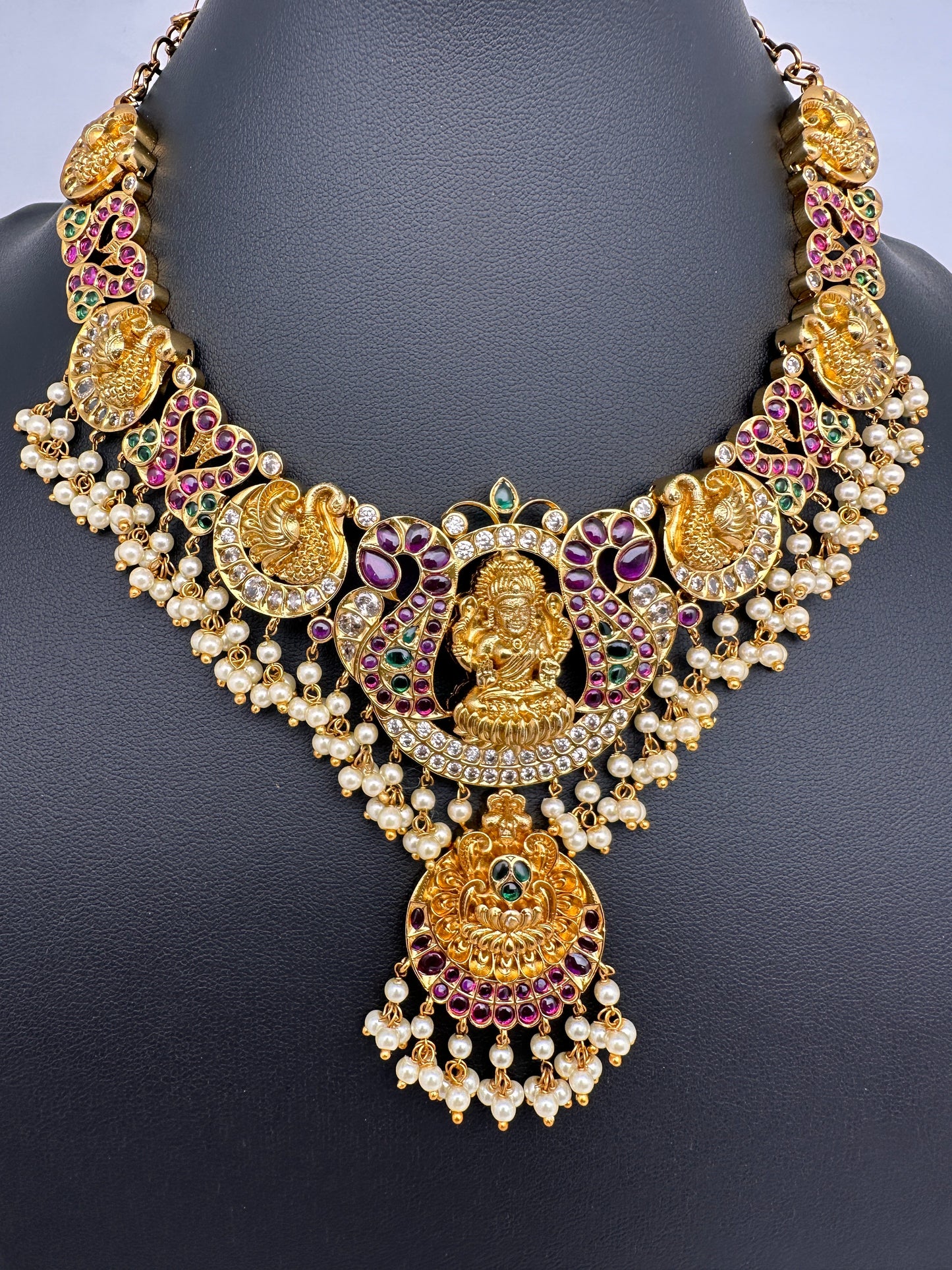 Goddess Lakshmi Kempu Pearls Short Guttapusalu Necklace