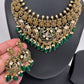 Goddess Lakshmi Antique Matte Finish Color Stone Short Necklace - Green