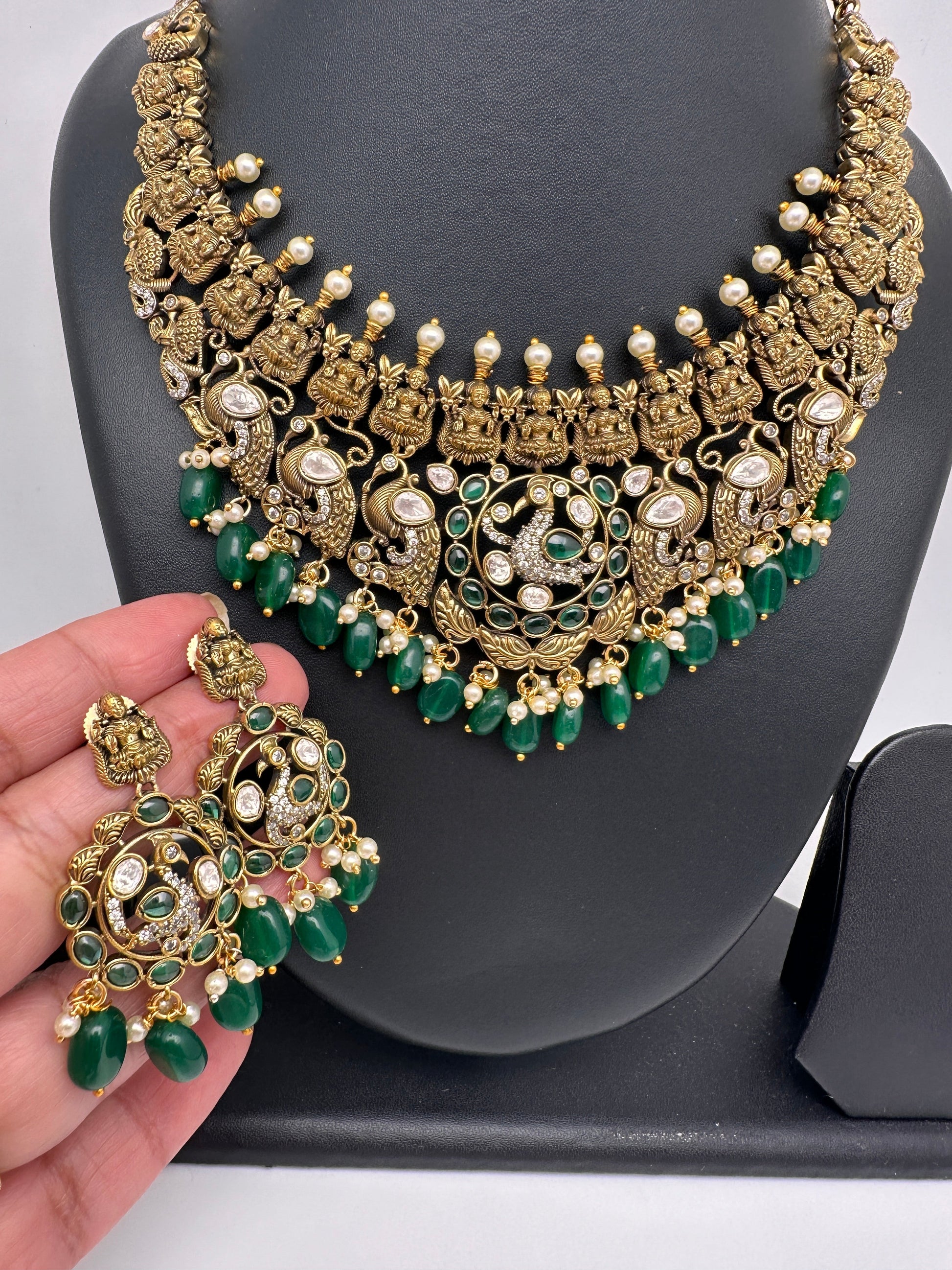 Goddess Lakshmi Antique Matte Finish Color Stone Short Necklace - Green