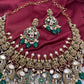 Goddess Lakshmi Antique Matte Finish Color Stone Short Necklace - Green