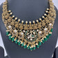 Goddess Lakshmi Antique Matte Finish Color Stone Short Necklace - Green