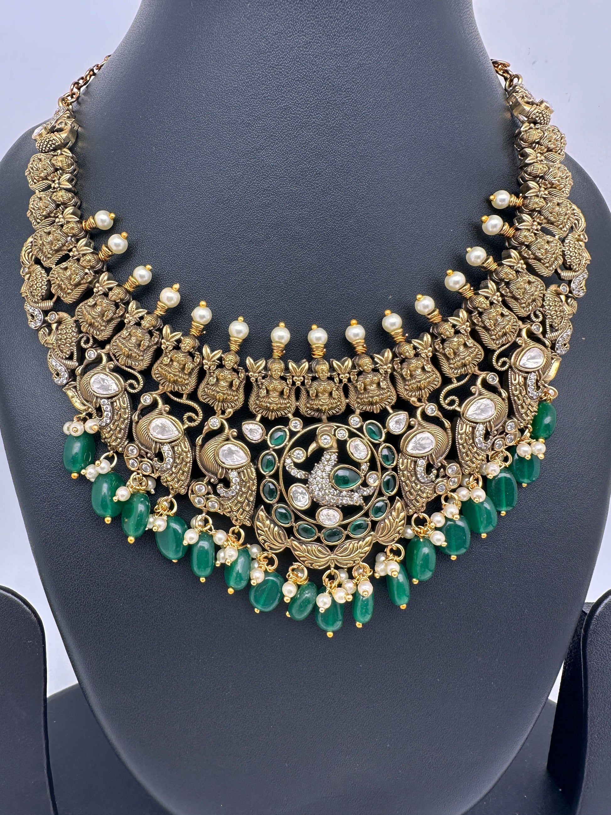 Goddess Lakshmi Antique Matte Finish Color Stone Short Necklace - Green