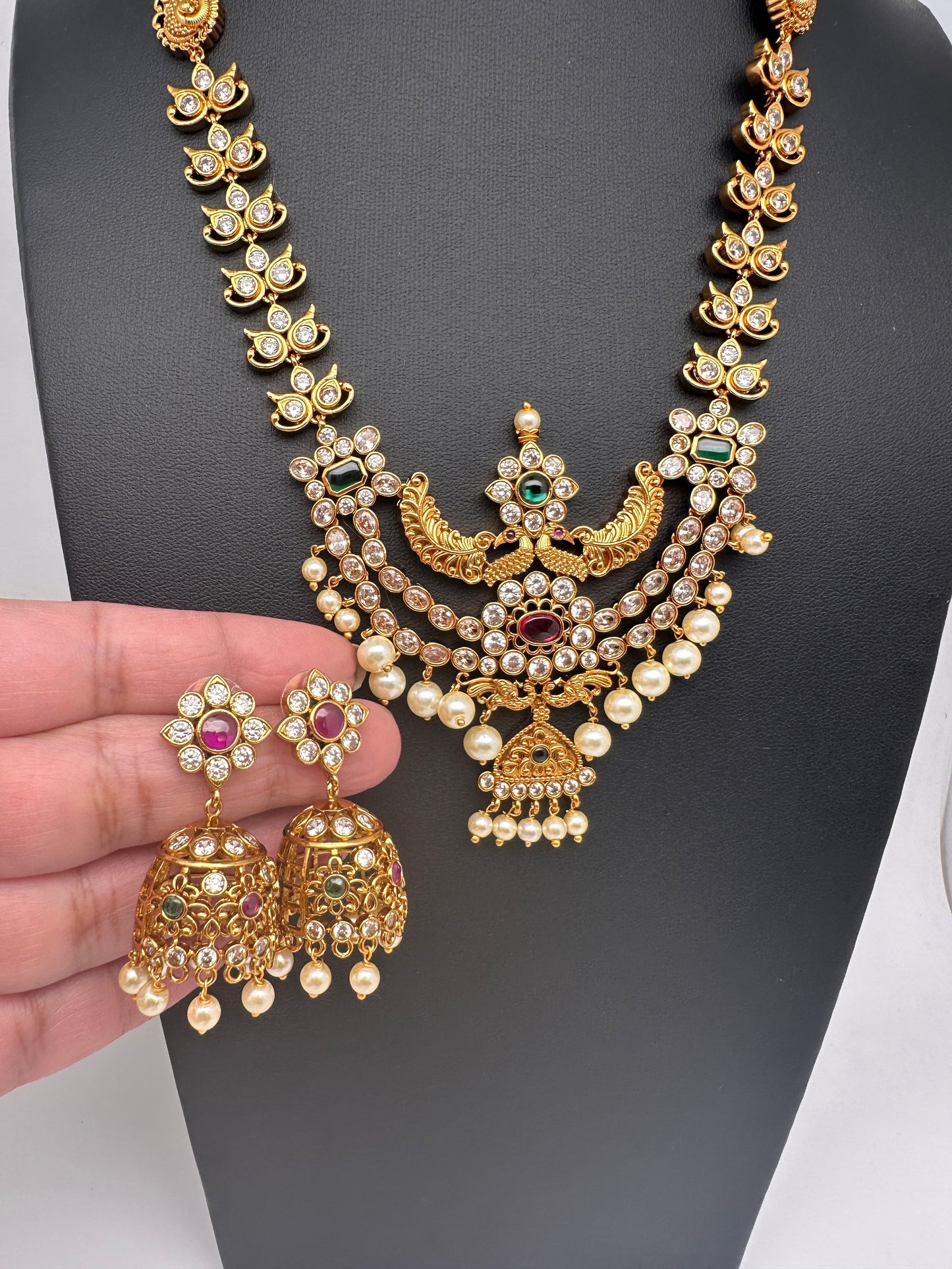 Peacock CZ Matte Finish Short Necklace with Jhumkis