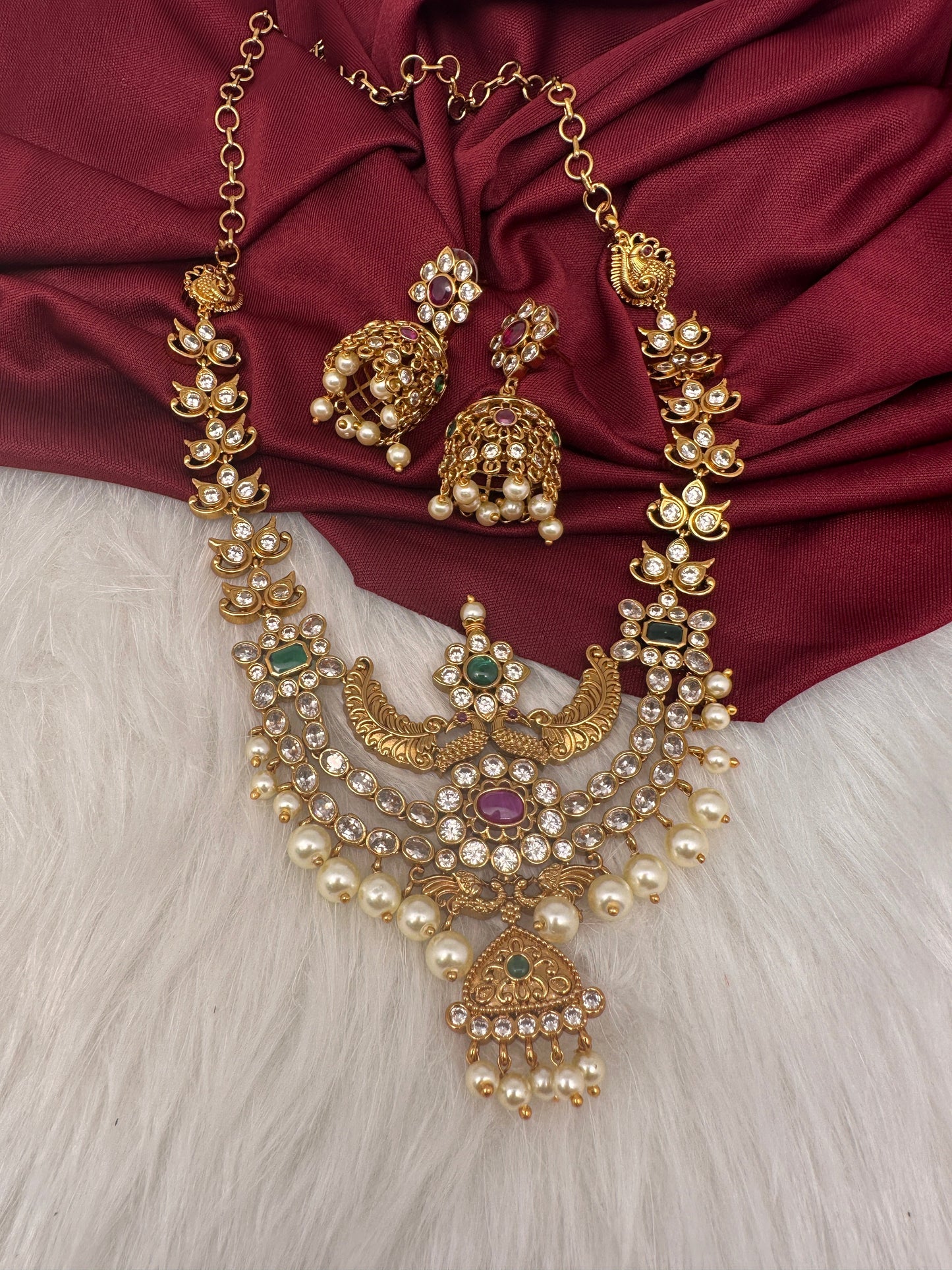 Peacock CZ Matte Finish Short Necklace with Jhumkis