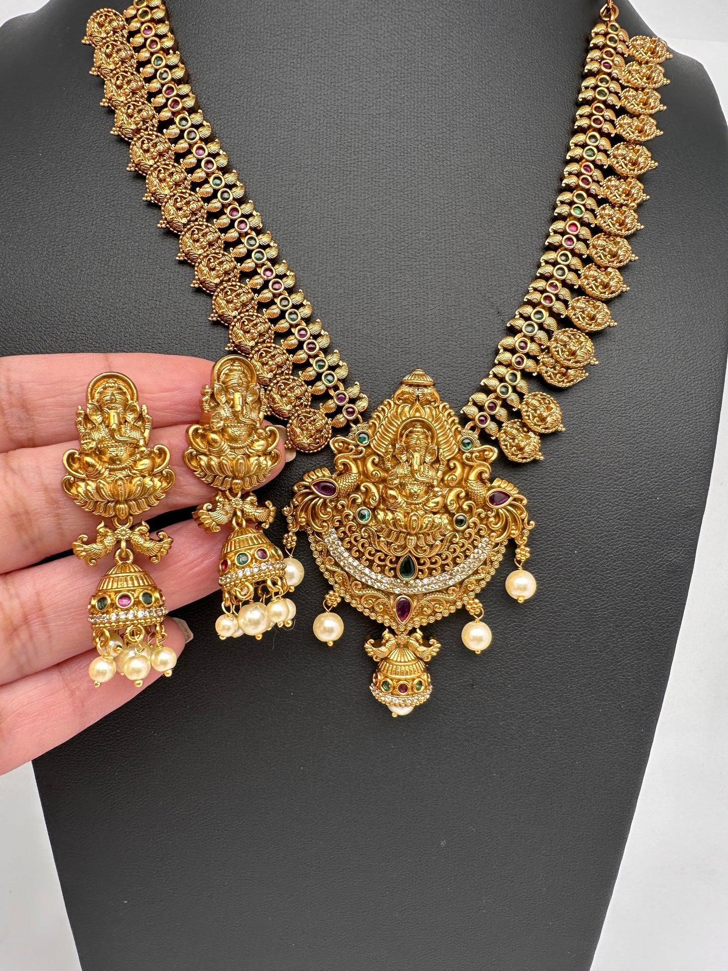 Matte Antique Finish Ganesha Lakshmi Ji Short necklace