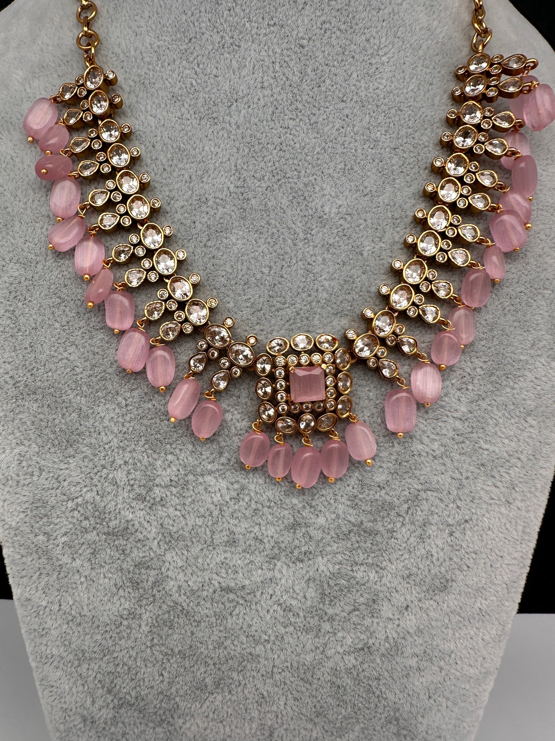 Matte Goddess Lakshmi Color Stone Dainty Necklace - Pink