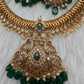 CZ Peacock Pattern Jalebi Color Stone Short Necklace - Green