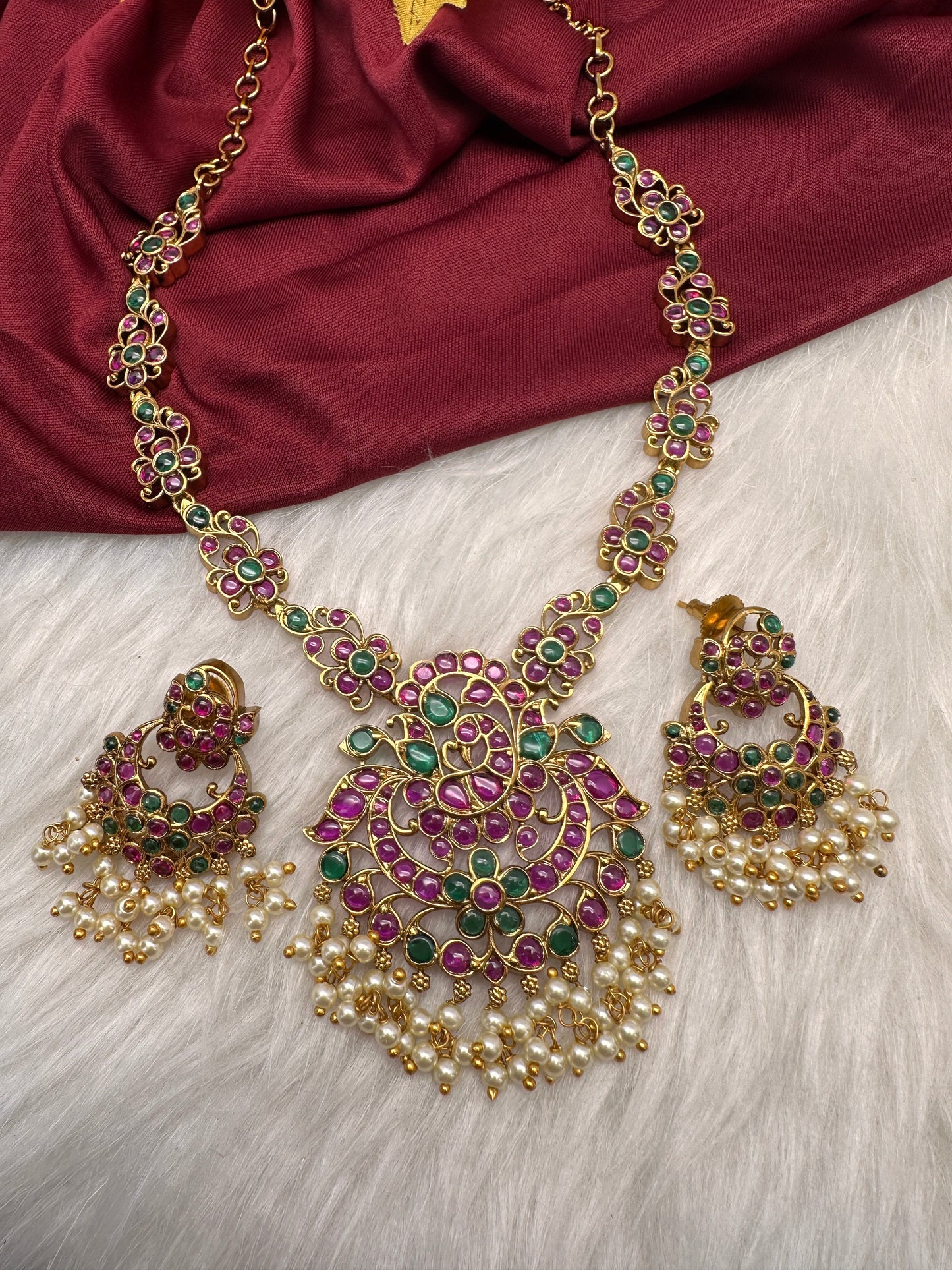 Red Green Kempu Peacock Short Necklace