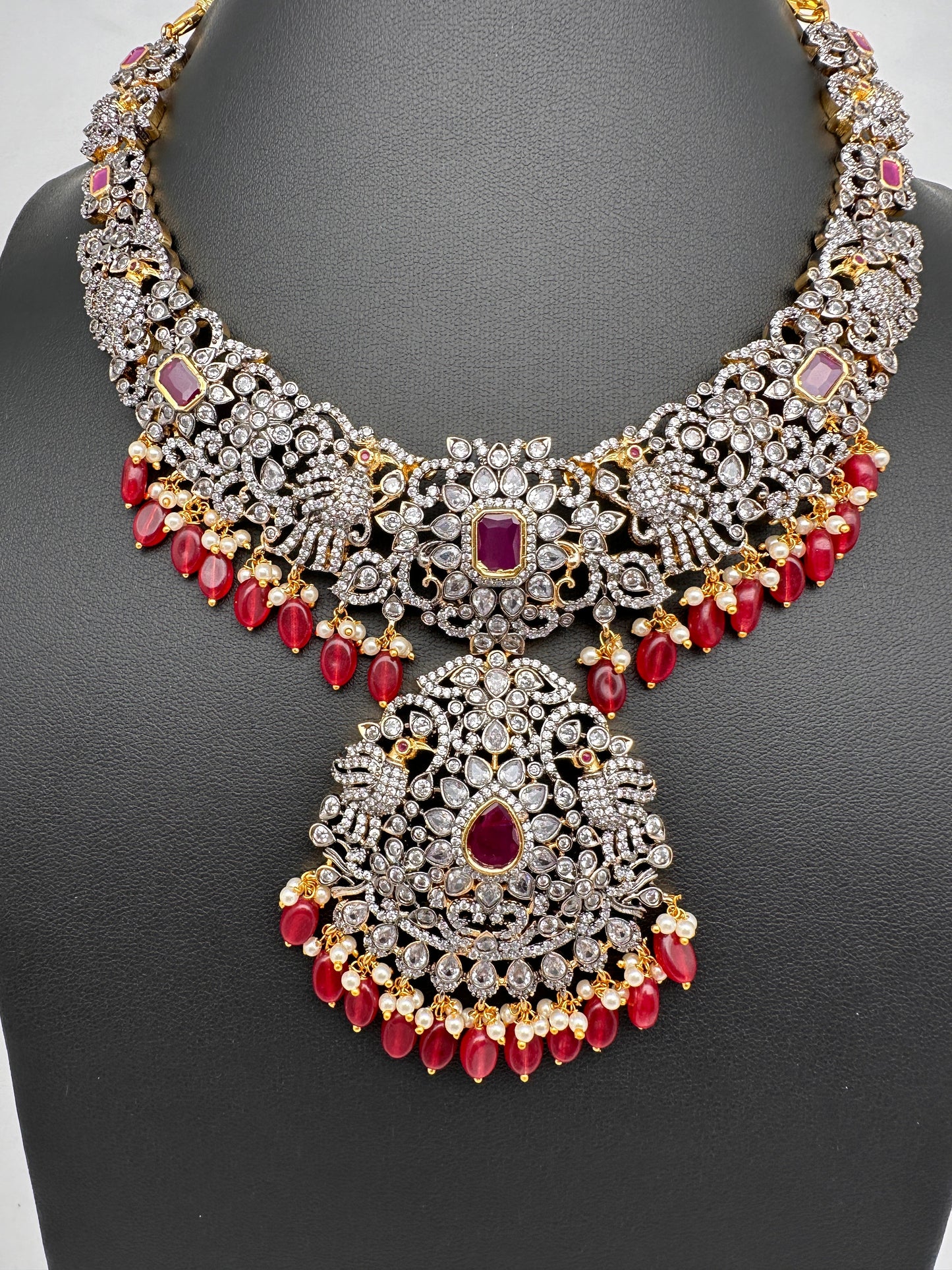 AD Red Stone Red Beads Dual Polish Neckline Necklace