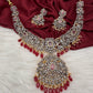 AD Red Stone Red Beads Dual Polish Neckline Necklace