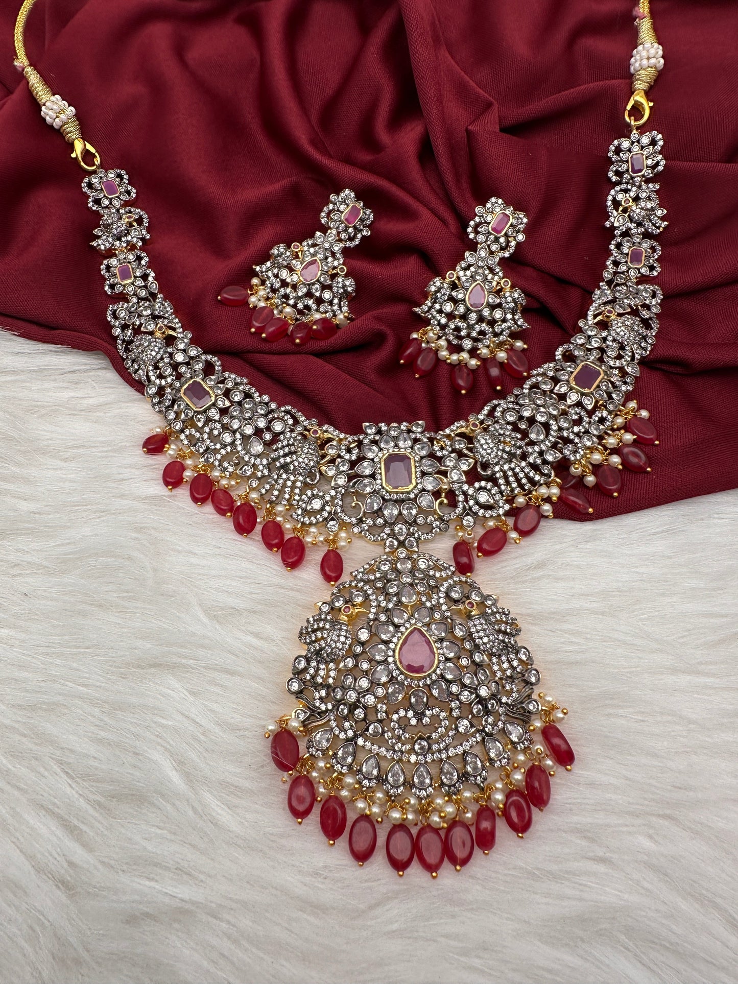 AD Red Stone Red Beads Dual Polish Neckline Necklace