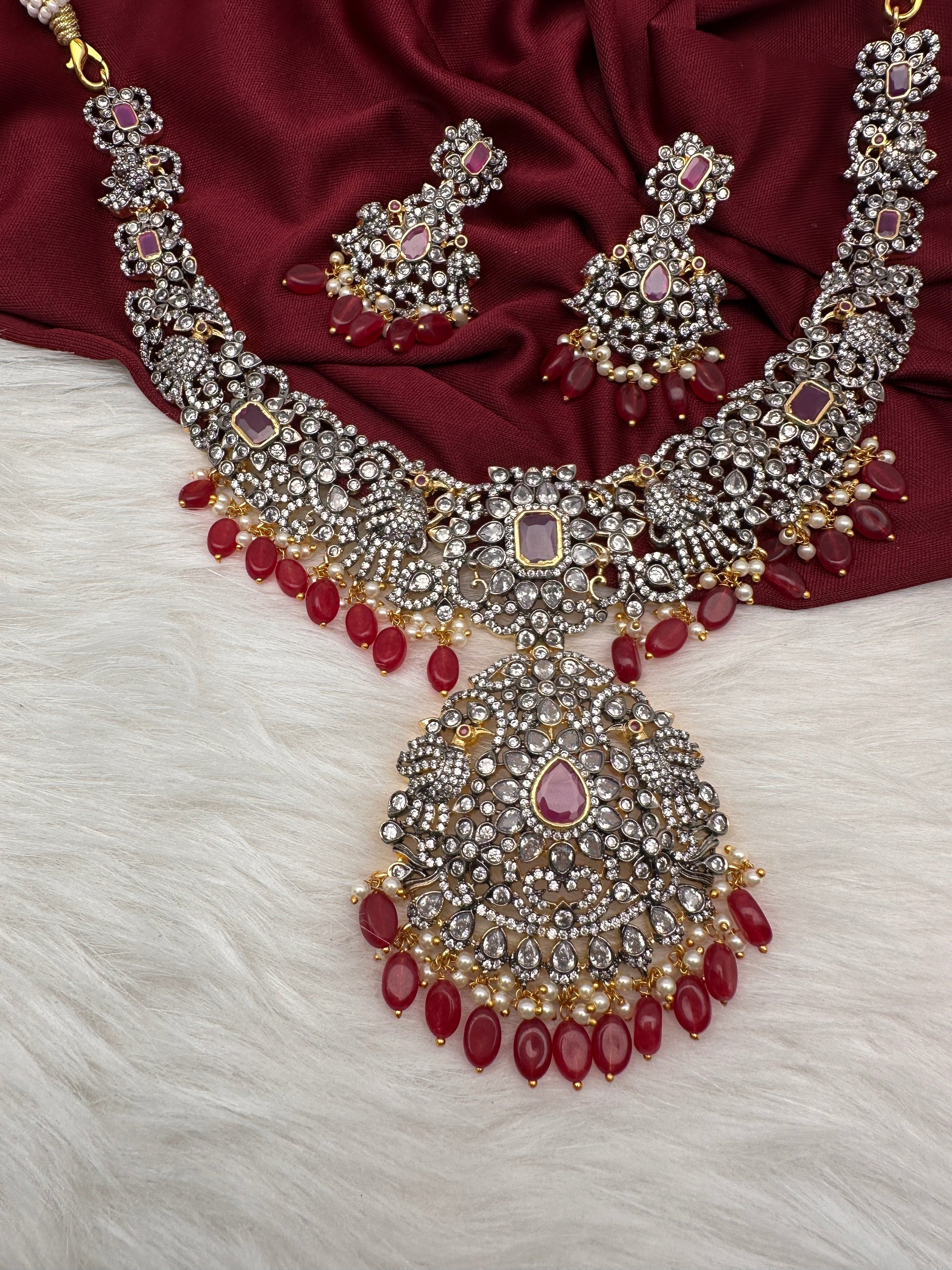 AD Red Stone Red Beads Dual Polish Neckline Necklace