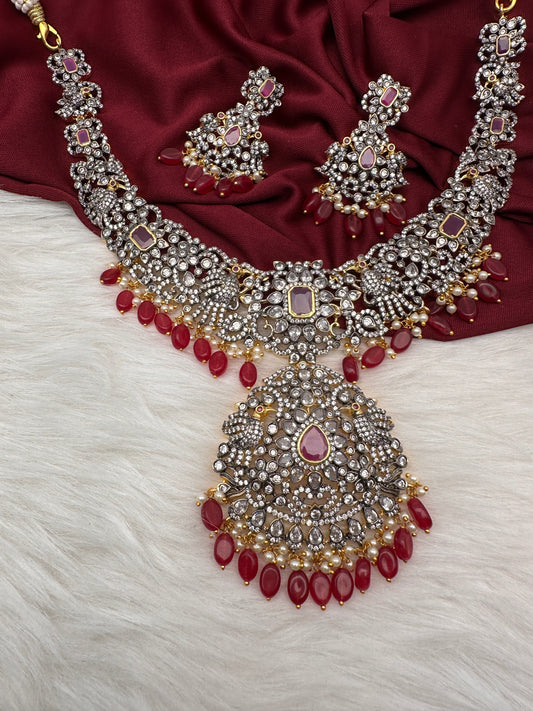 AD Red Stone Red Beads Dual Polish Neckline Necklace