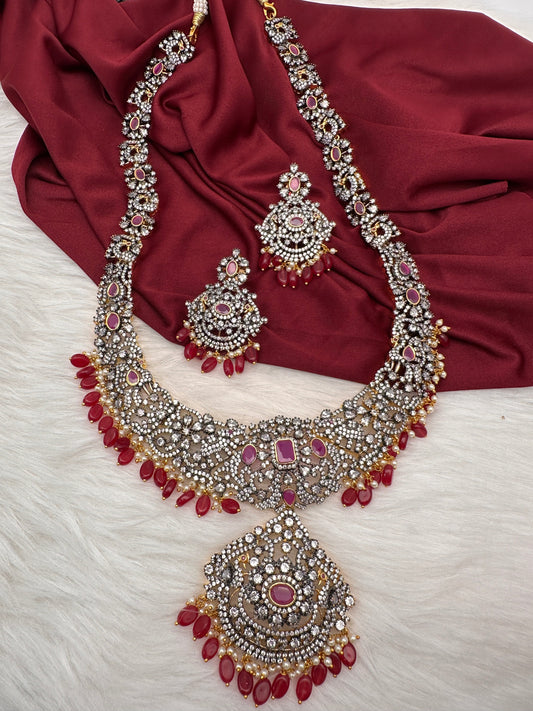 AD Red Stone Red Beads Dual Polish Long Necklace