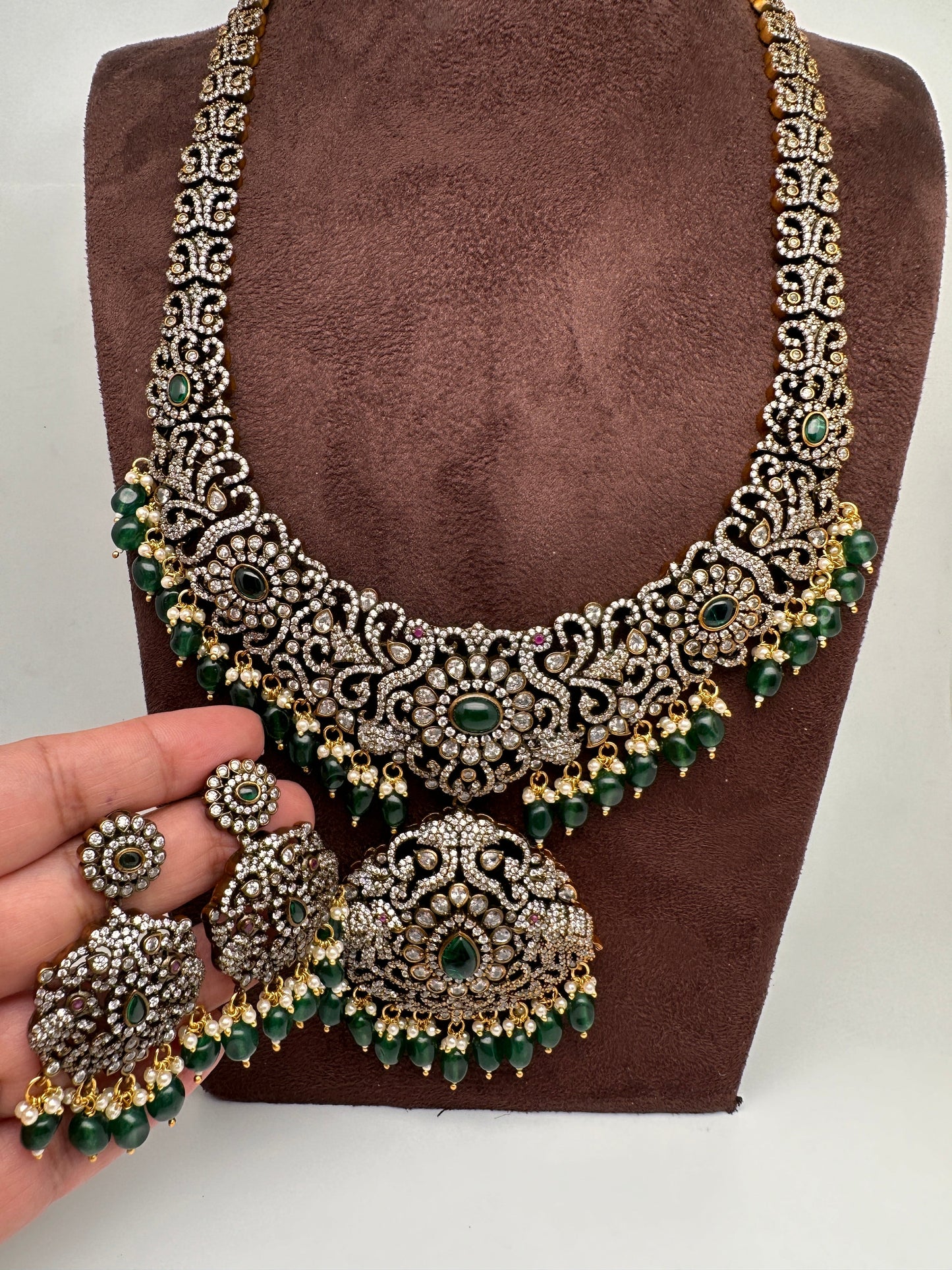 Victorian Mehndi Finish AD Polki Green Stone Green Beads Long Statement Necklace