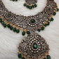 Victorian Mehndi Finish AD Polki Green Stone Green Beads Long Statement Necklace