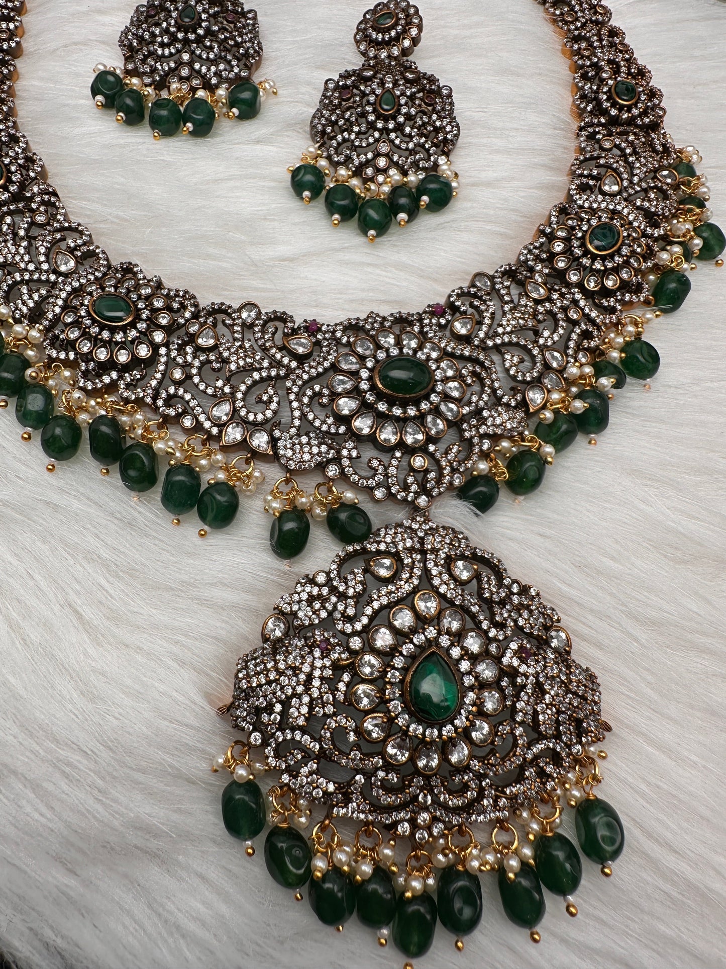 Victorian Mehndi Finish AD Polki Green Stone Green Beads Long Statement Necklace