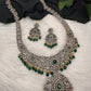 Victorian Mehndi Finish AD Polki Green Stone Green Beads Long Statement Necklace