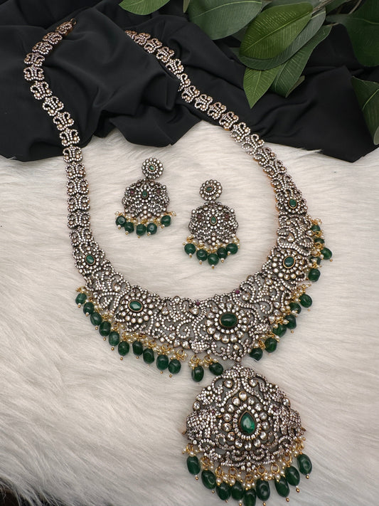 Victorian Mehndi Finish AD Polki Green Stone Green Beads Long Statement Necklace