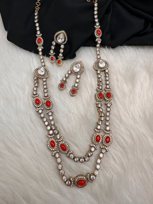 Polki Moissanite Dainty Victorian Mehndi Finish Color Stone Necklace - Coral