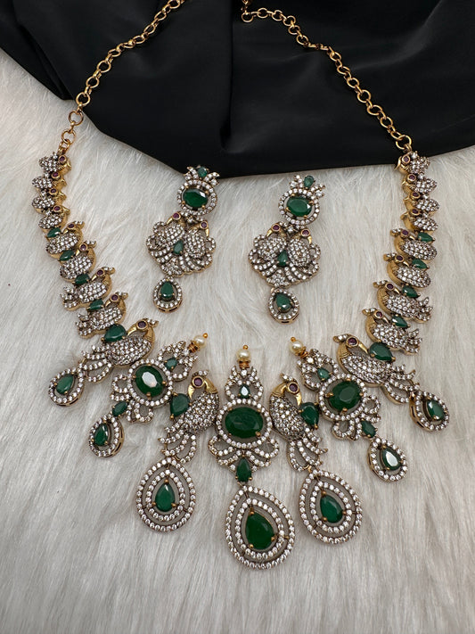 AD Peacock Color Stone Short Necklace in Mehendi Polish - Green