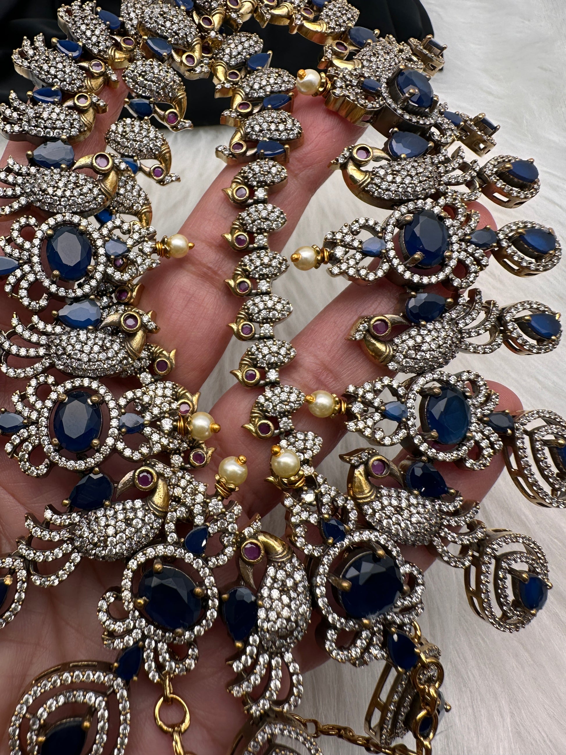 AD Peacock Color Stone Long Necklace in Mehendi Polish - Blue