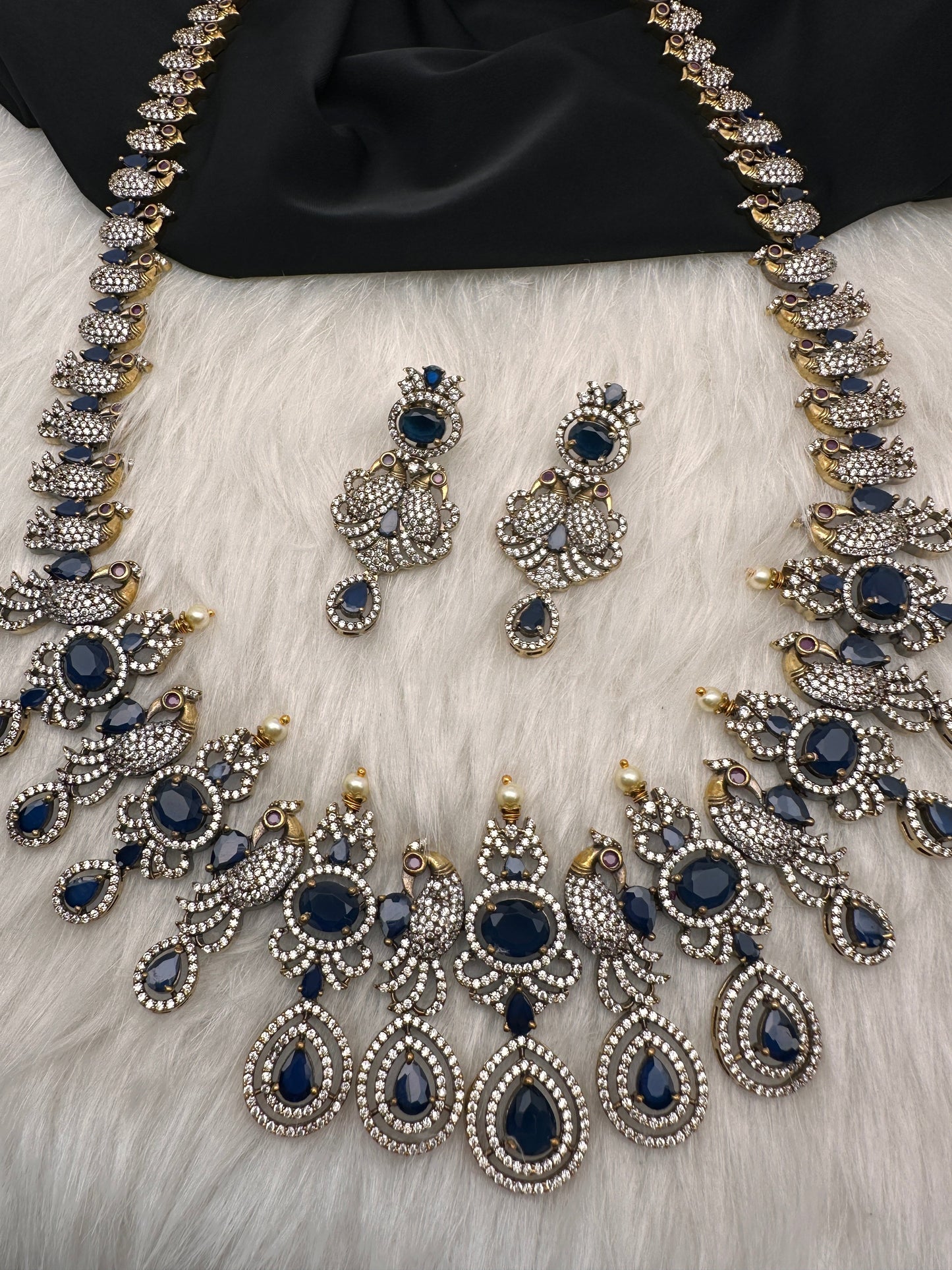 AD Peacock Color Stone Long Necklace in Mehendi Polish - Blue