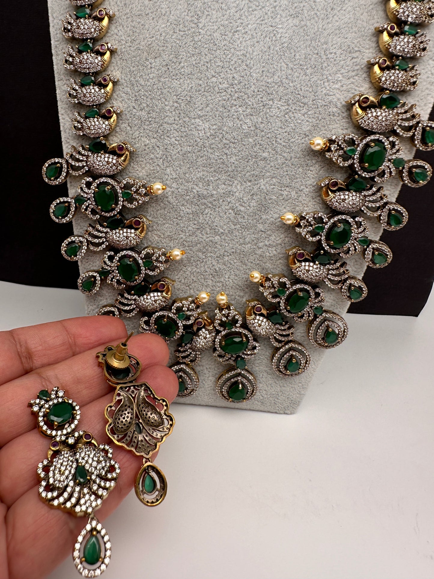 AD Peacock Color Stone Long Necklace in Mehendi Polish - Green