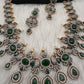 AD Peacock Color Stone Long Necklace in Mehendi Polish - Green