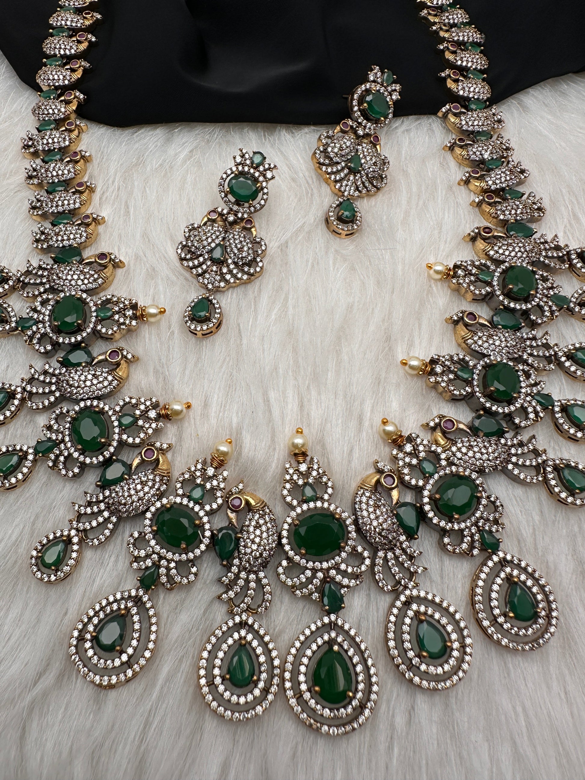 AD Peacock Color Stone Long Necklace in Mehendi Polish - Green