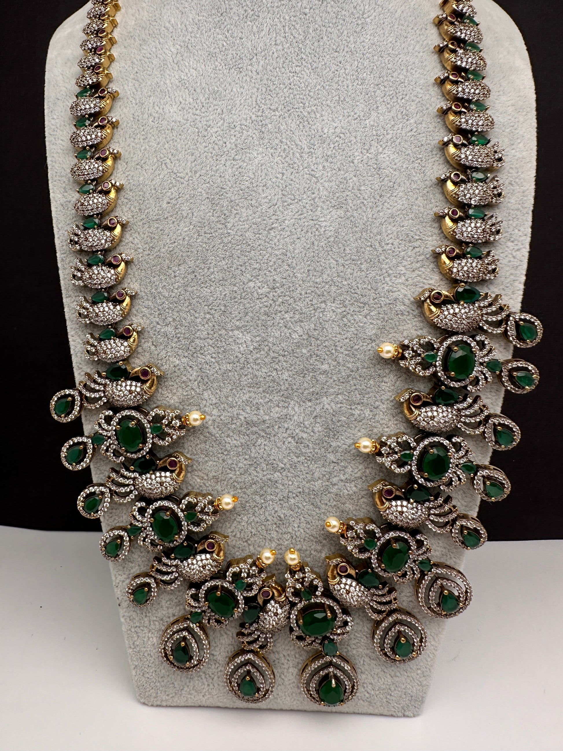 AD Peacock Color Stone Long Necklace in Mehendi Polish - Green