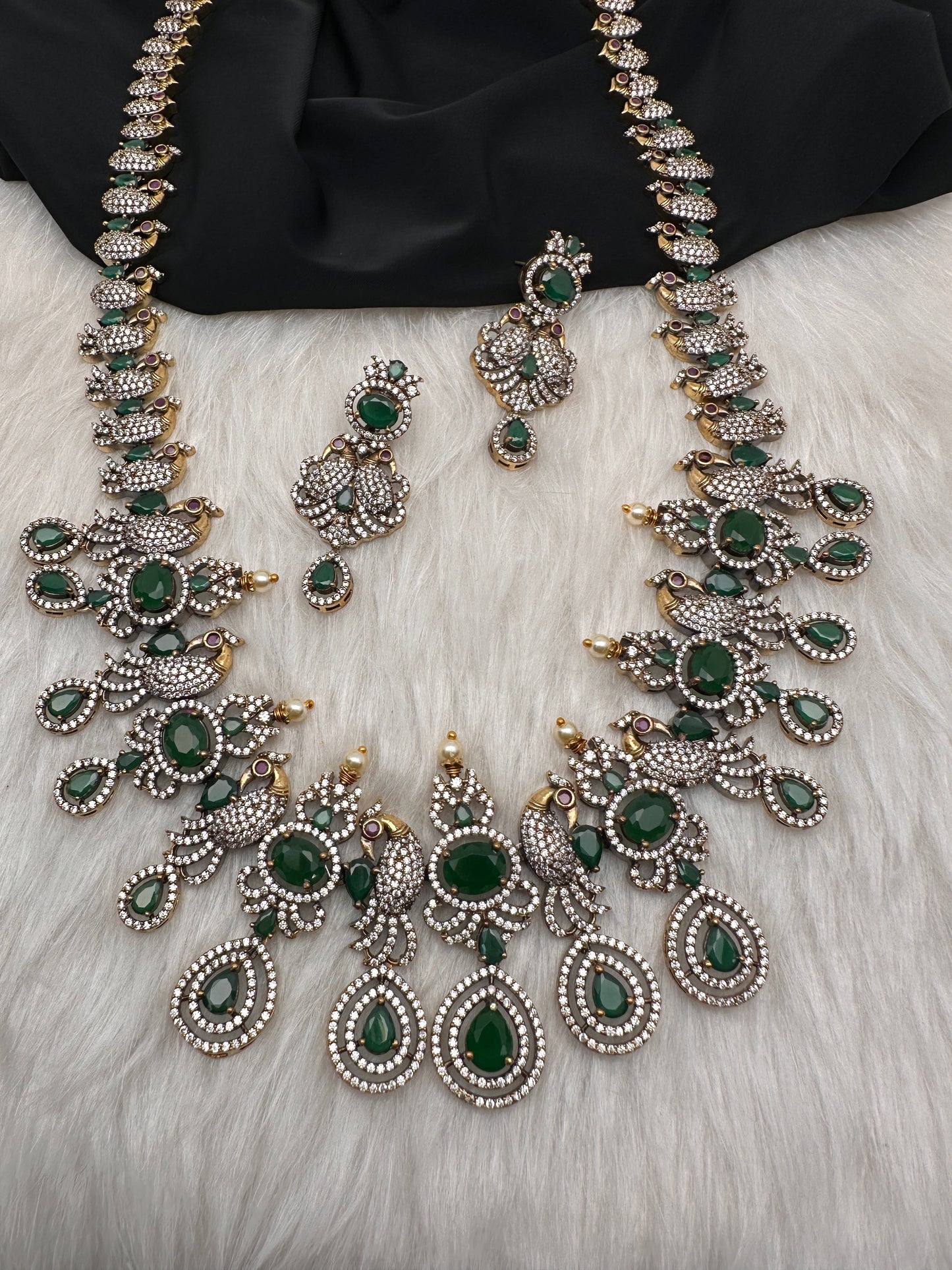 AD Peacock Color Stone Long Necklace in Mehendi Polish - Green