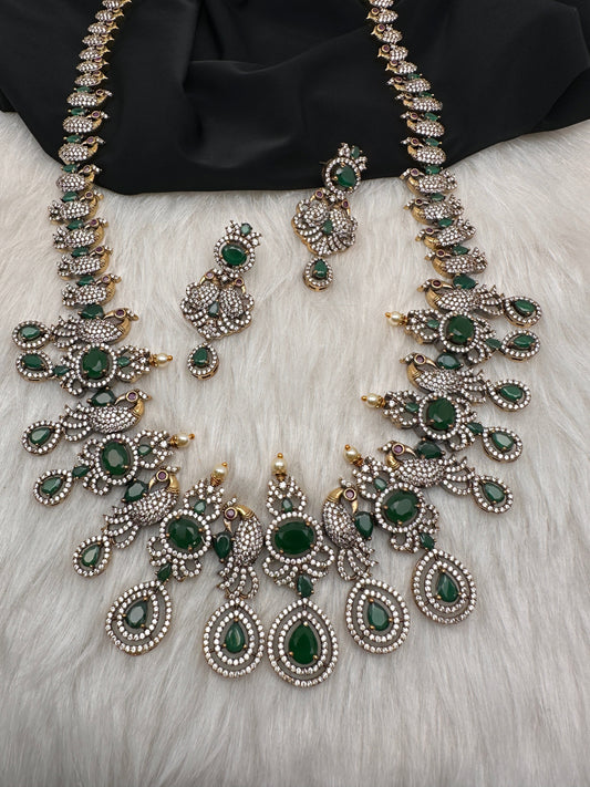 AD Peacock Color Stone Long Necklace in Mehendi Polish - Green