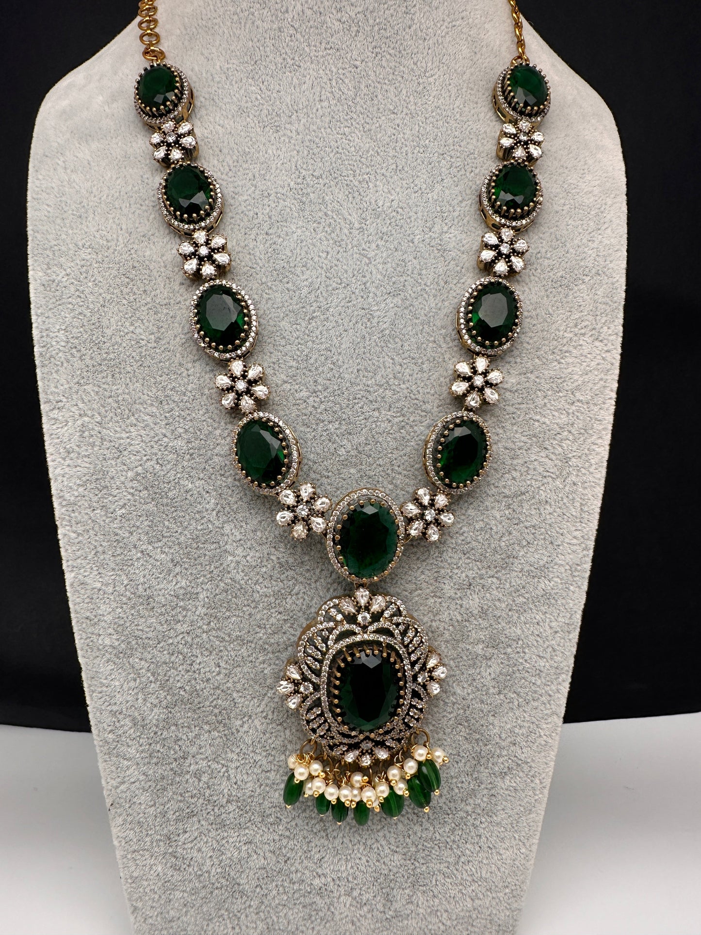 AD Doublet Color Stone Necklace in Mehendi Polish - Green