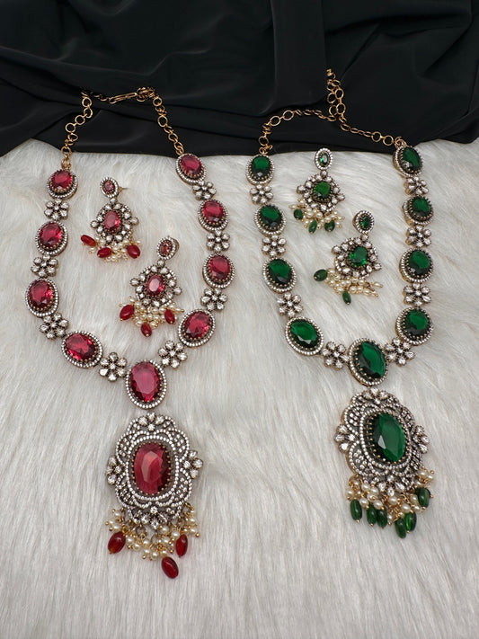 AD Doublet Color Stone Necklace in Mehendi Polish - Green