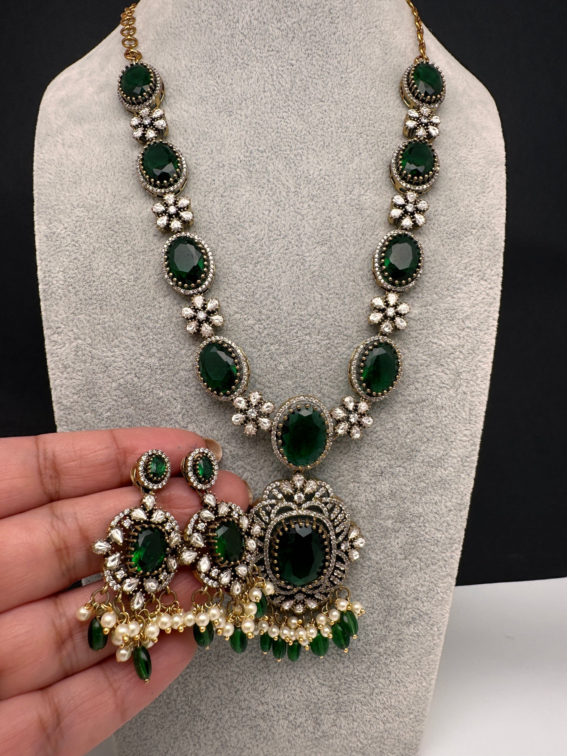 AD Doublet Color Stone Necklace in Mehendi Polish - Green