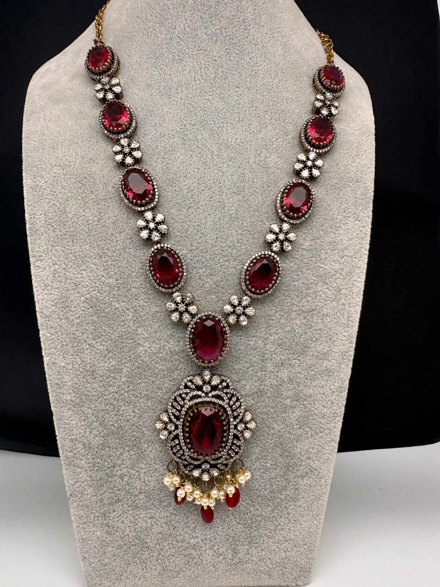 AD Doublet Color Stone Necklace in Mehendi Polish - Red