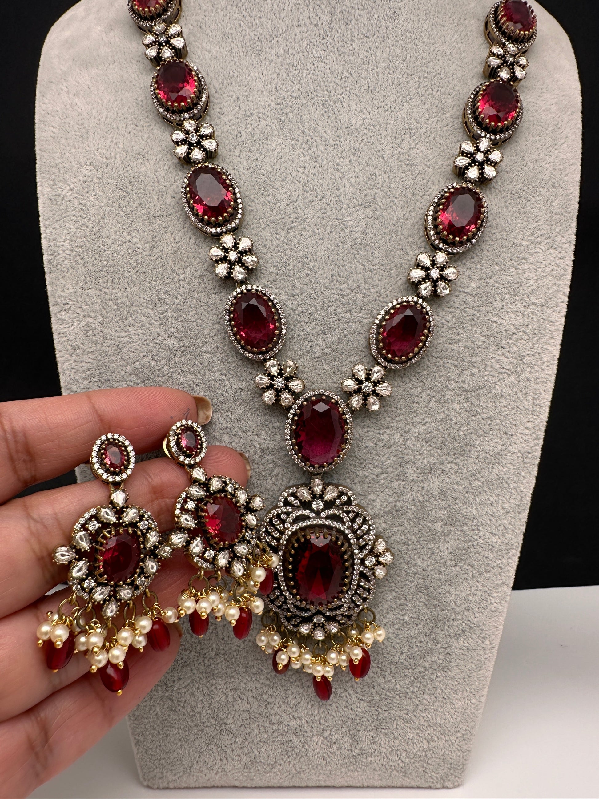 AD Doublet Color Stone Necklace in Mehendi Polish - Red