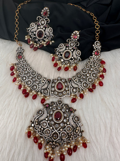 Victorian Color Stone Moissnite  Necklace - Red