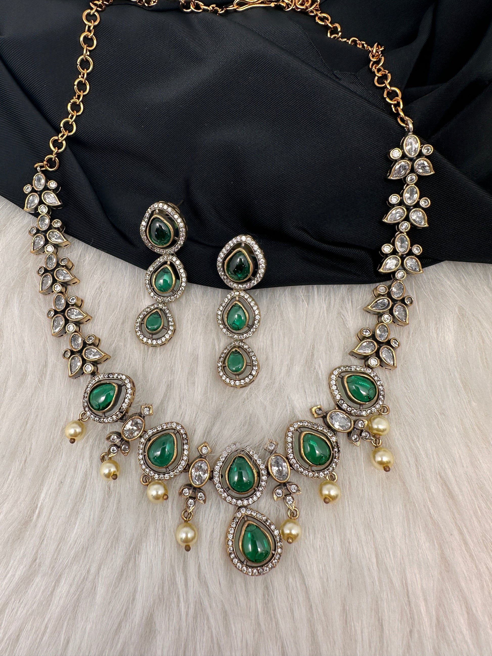 Victorian CZ Dainty Color Stone Necklace - Green