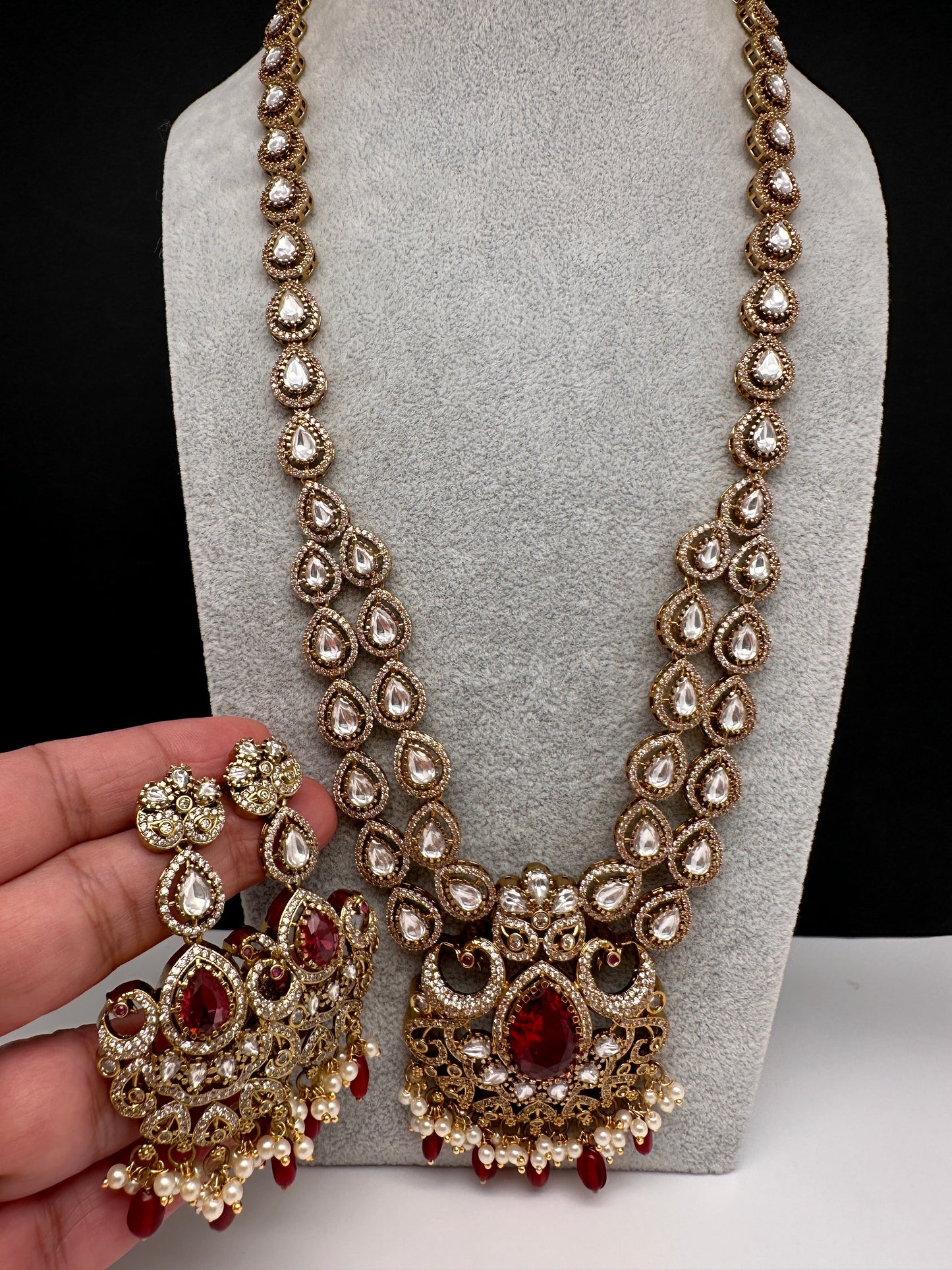 Victorian CZ Double Layer Color Stone Long  Necklace - Red