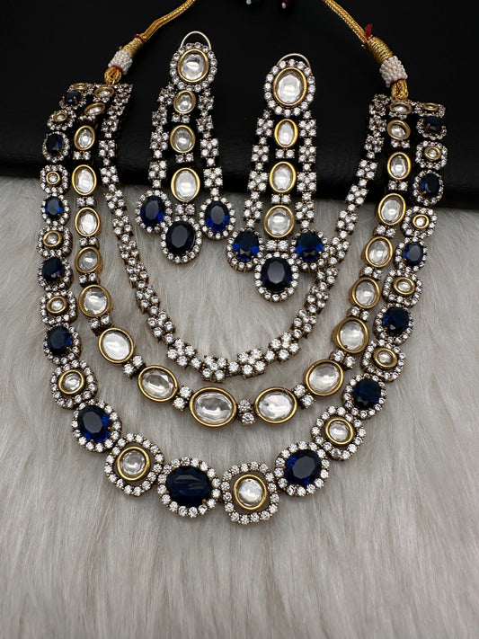 Blue Sapphire Victorian Moissanite Multi Layer Necklace