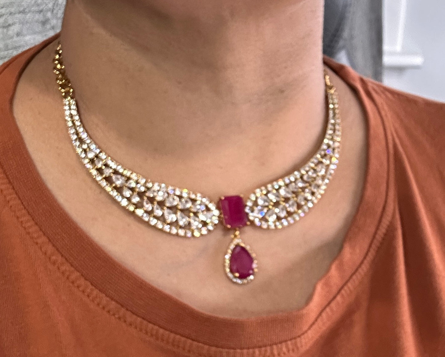 Victorian CZ Color Stone Neckline Necklace - Red